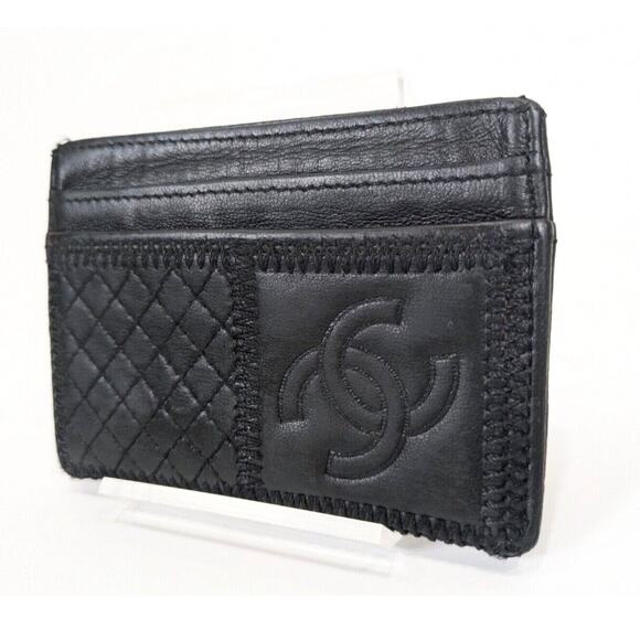 Auth Black CHANEL Card Case CC Mark Quilting Patchwork Black Leather - Picture 2 of 9